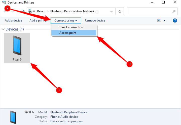 Выбор опции Access Point для подключения по Bluetooth