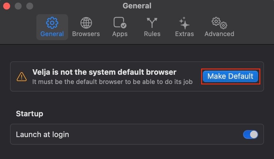 Make Default button to set Velja as the default browser on Mac.