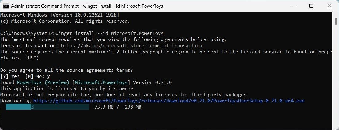 Установка PowerToys через командную строку, окно cmd