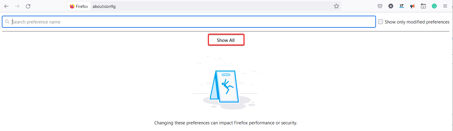 Кнопка Показать всё в about:config