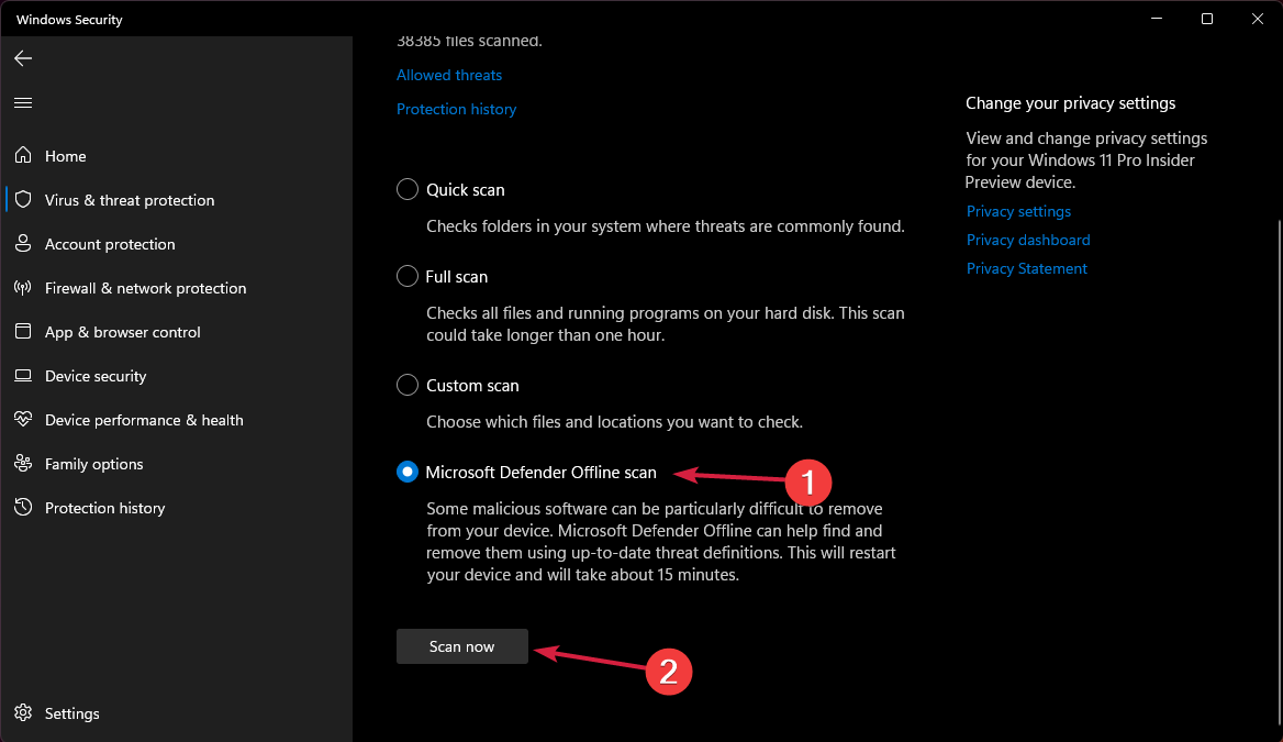 Выбор Microsoft Defender Offline scan и перезагрузка