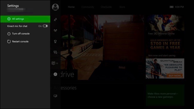 Выбор настроек в меню Xbox