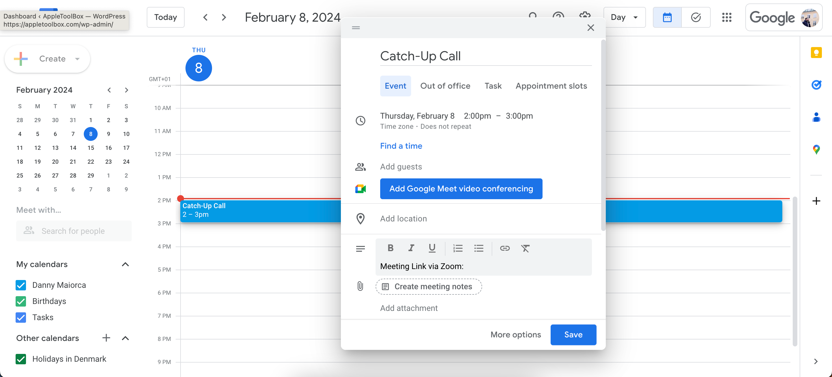 Настройка параметров встречи в приложении Google Calendar