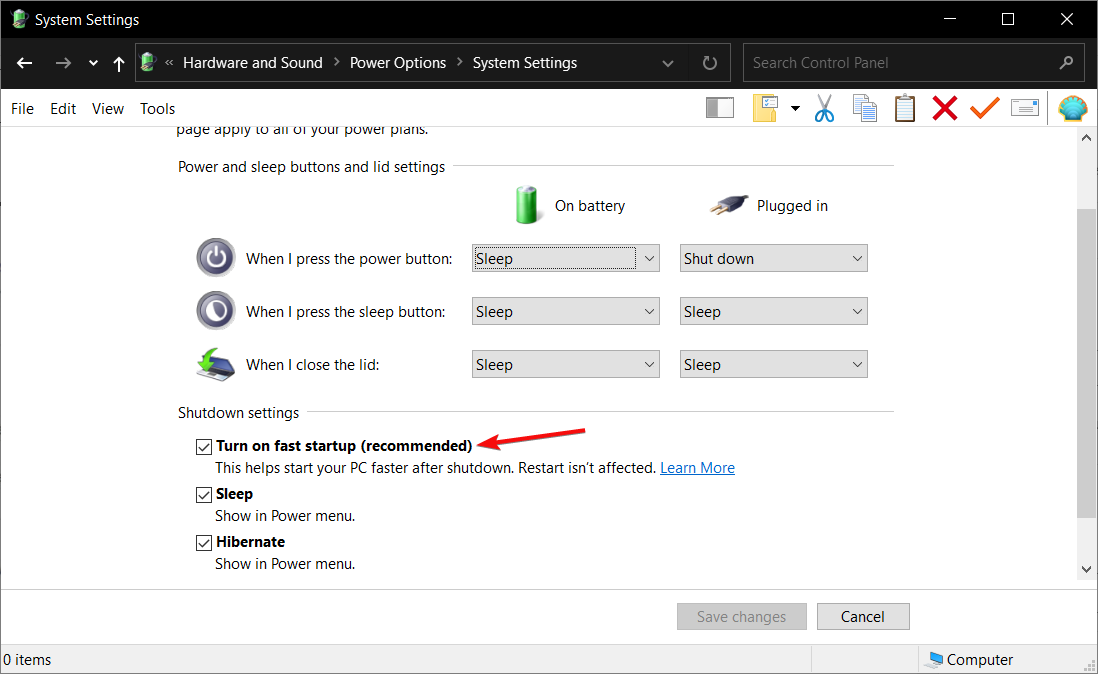 Отключение Быстрого запуска