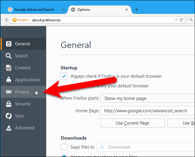 Раздел конфиденциальности в Firefox