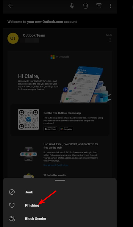 Выбор 'Phishing' на мобильном Outlook