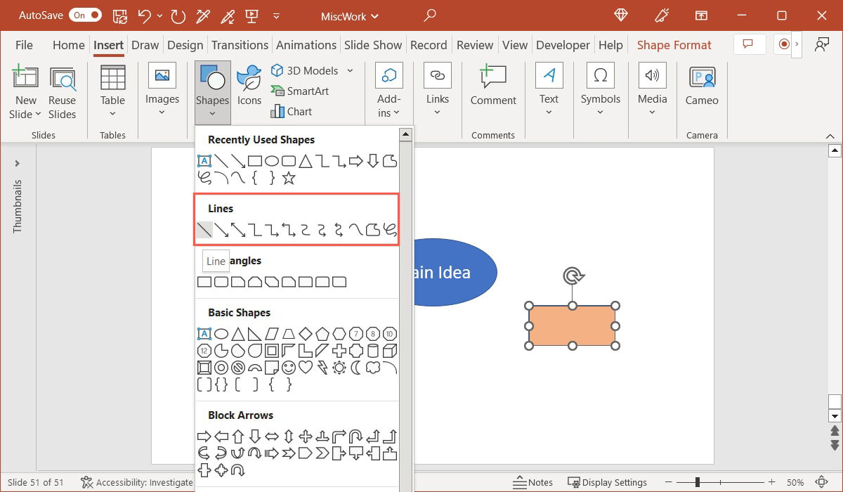 Lines in the Shapes menu