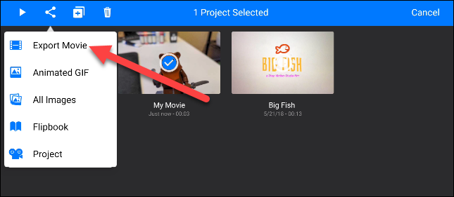 Выберите Export Movie для сохранения или отправки