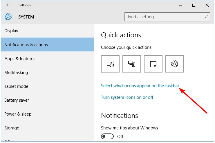 Список значков, которые можно отобразить на панели задач