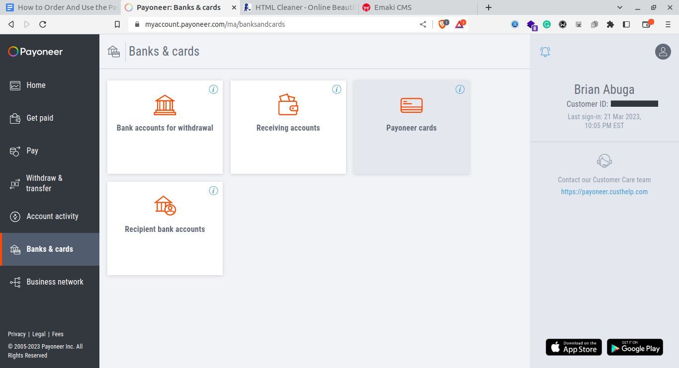 Параметры «Банки и карты» в Payoneer