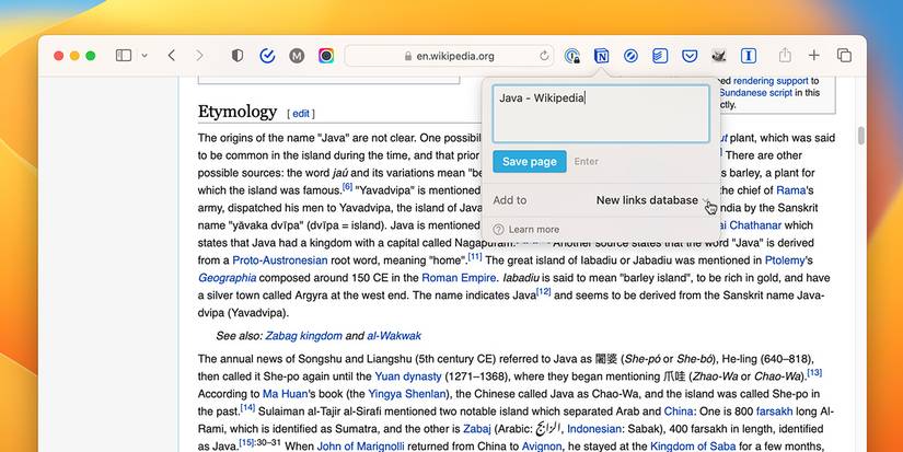 Скриншот расширения web clipper Notion в Safari