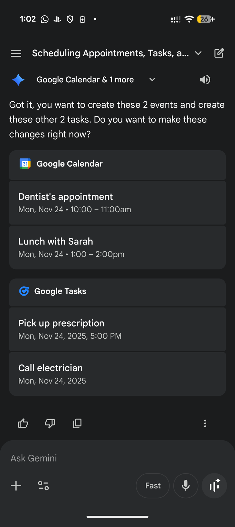 Gemini on Android creating multiple calendar events and tasks from a single command.