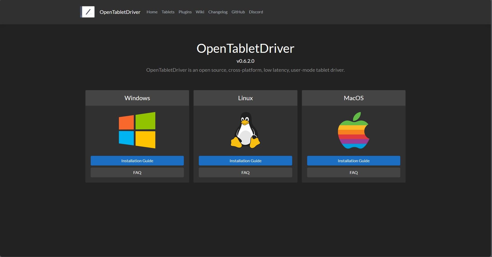 Страница Open Tablet Driver