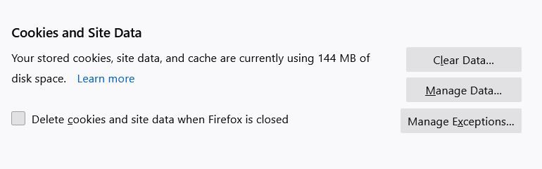 Опция очистки данных в настройках Firefox