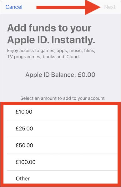 Выбор суммы пополнения в App Store