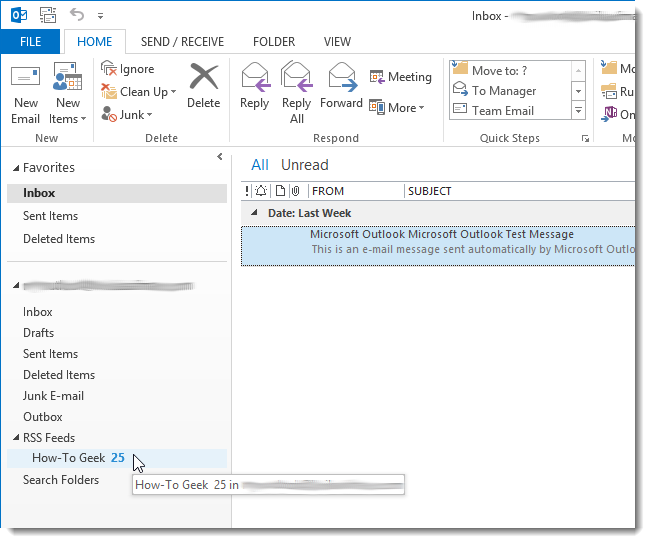 Скриншот: ссылка на RSS-ленту в левой панели Outlook