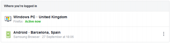 Список активных сессий Facebook — устройства, браузеры и примерное местоположение входов