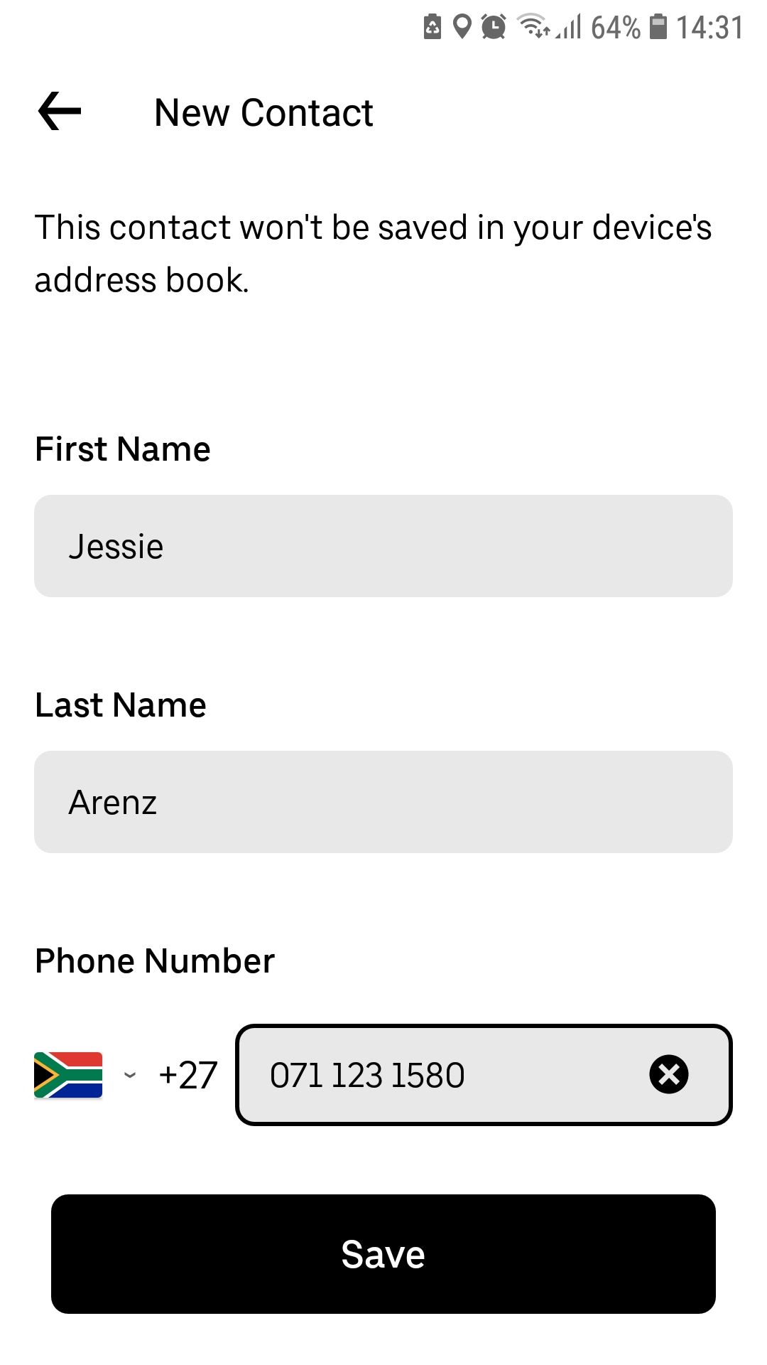 Экран приложения Uber — добавление нового контакта в семейный профиль