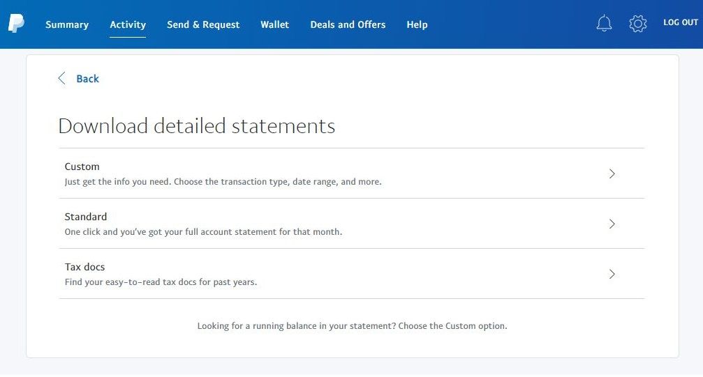 Страница выписок и отчётов в PayPal