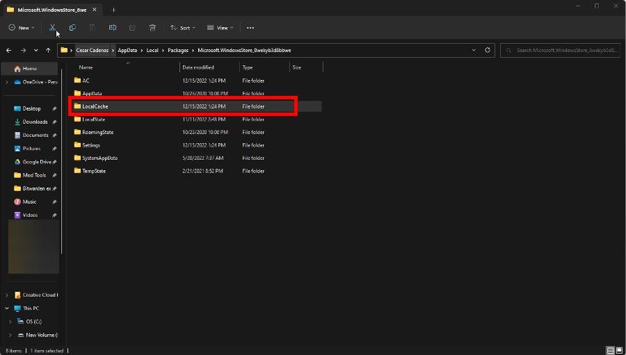 Содержимое папки LocalCache Microsoft Store