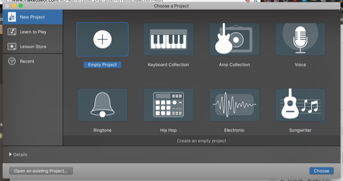 Окно выбора нового проекта в GarageBand