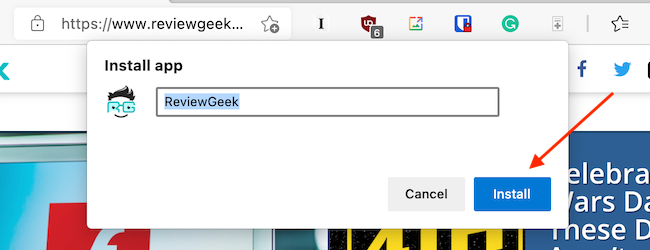 Нажмите Install для установки сайта как приложения