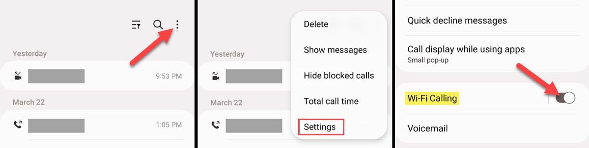 Экран настройки Wi‑Fi‑звонков на Samsung Galaxy