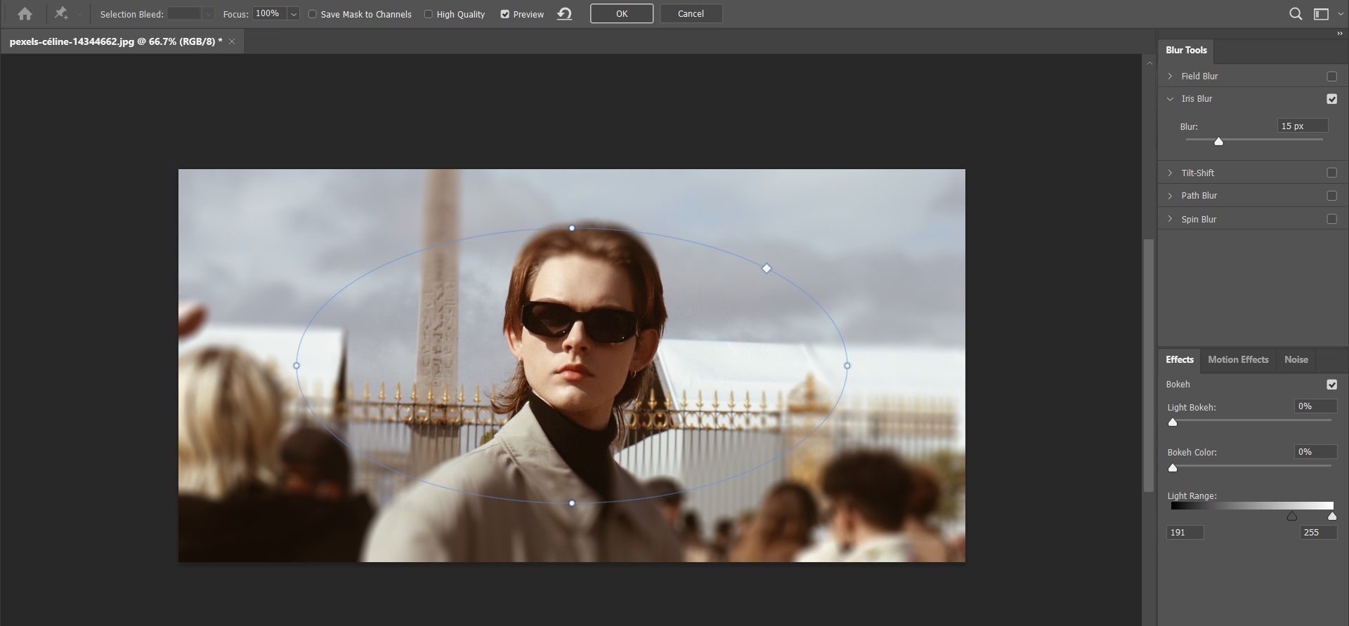 Предпросмотр Iris Blur в Photoshop с управляющей рамкой