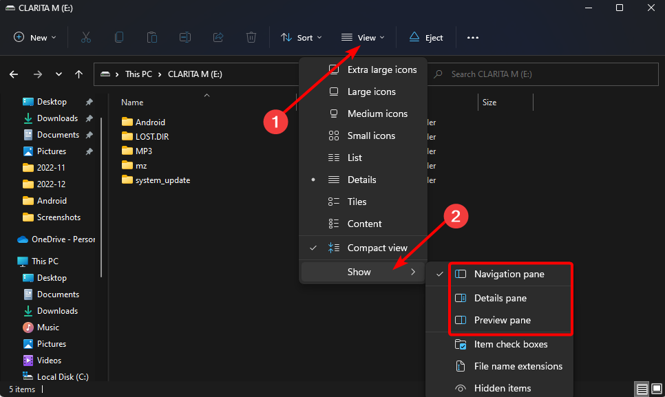 Показать панели и области Проводника