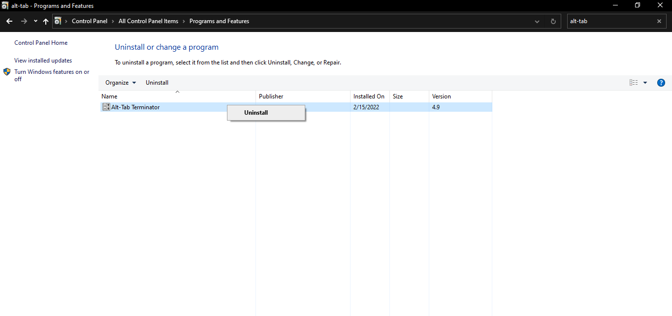 Удаление Alt-Tab Terminator через Панель управления