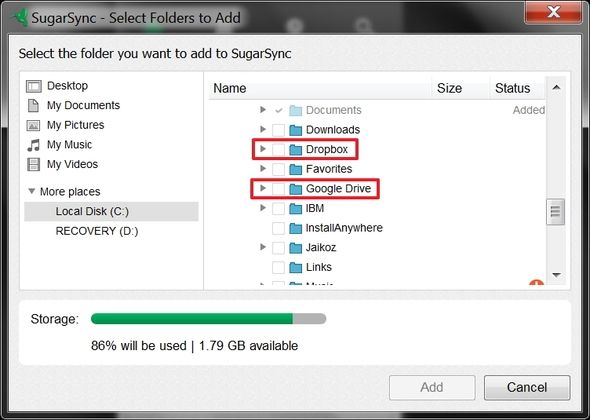 Окно выбора папки для синхронизации