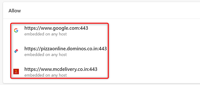 Список сайтов с доступом к местоположению в Edge на рабочем столе
