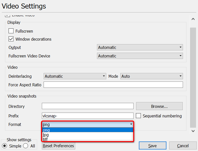 Выберите формат файла из выпадающего меню Format.