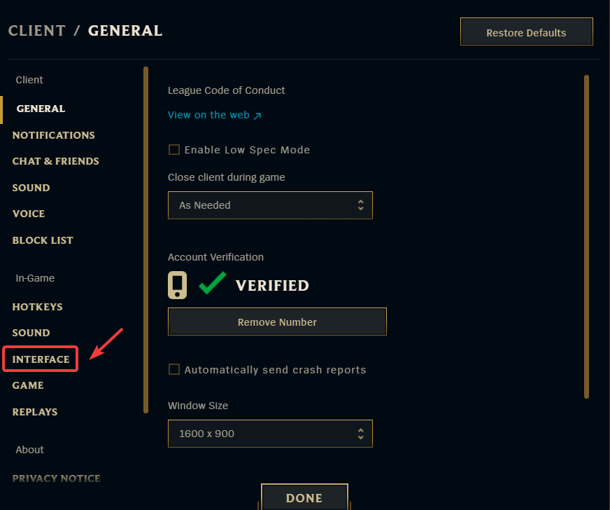 Раздел Интерфейс в настройках League of Legends