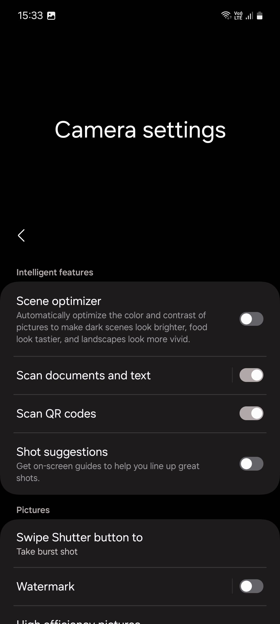 Меню настроек камеры Samsung