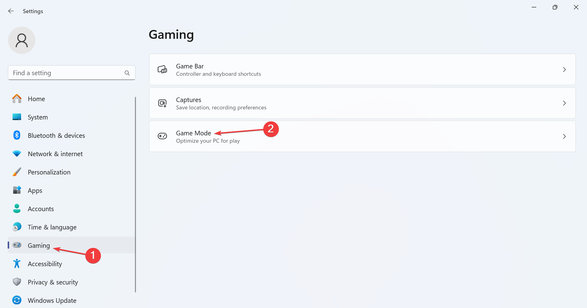 Раздел Игровой режим в Параметрах Windows