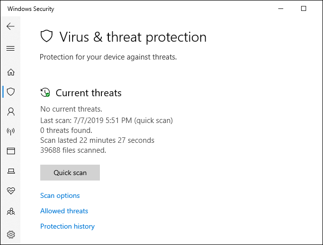 Windows Defender antivirus scan menu.