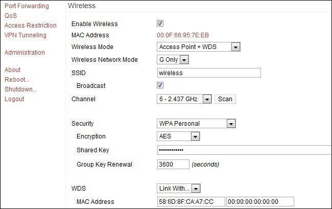 Подключение WDS: вставьте MAC адрес узла в слот