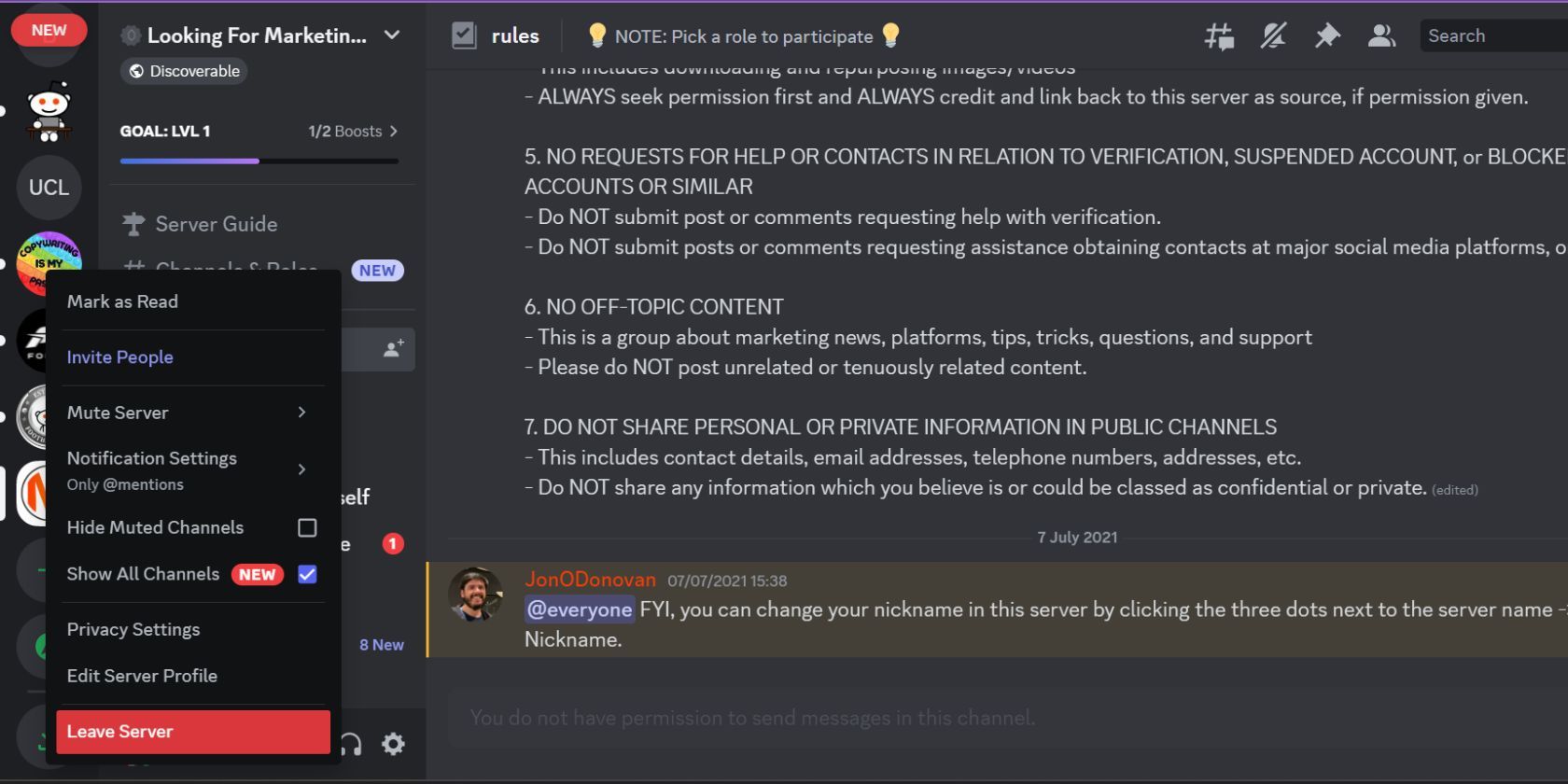 Контекстное меню сервера в Discord с выделенным пунктом Leave Server