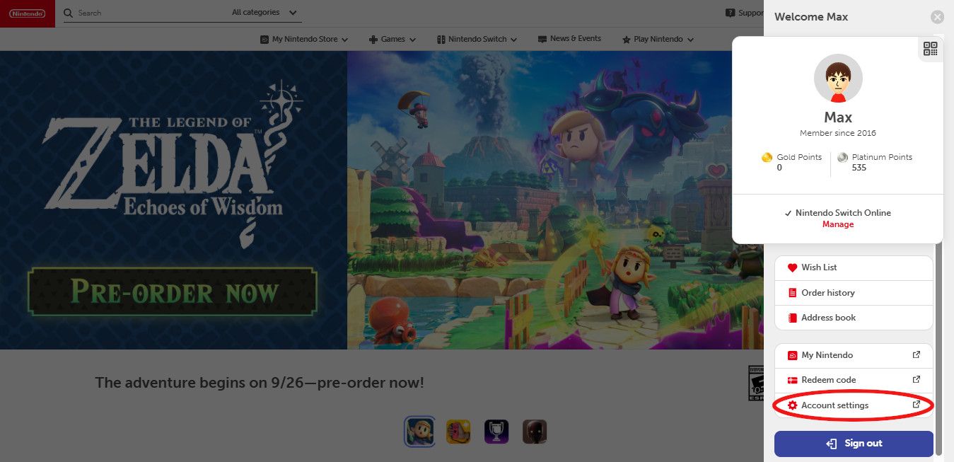 Боковое меню на странице аккаунта Nintendo с выделением