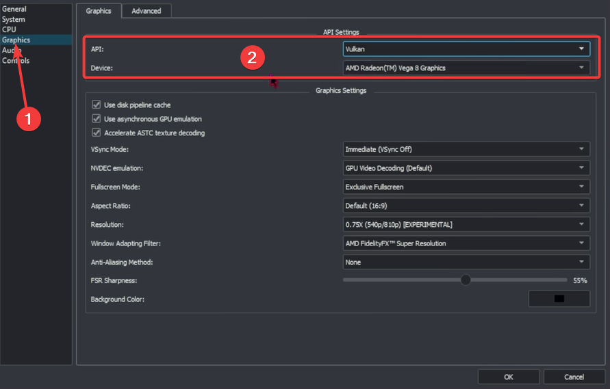 Графические настройки Yuzu — выбор Vulkan или OpenGL
