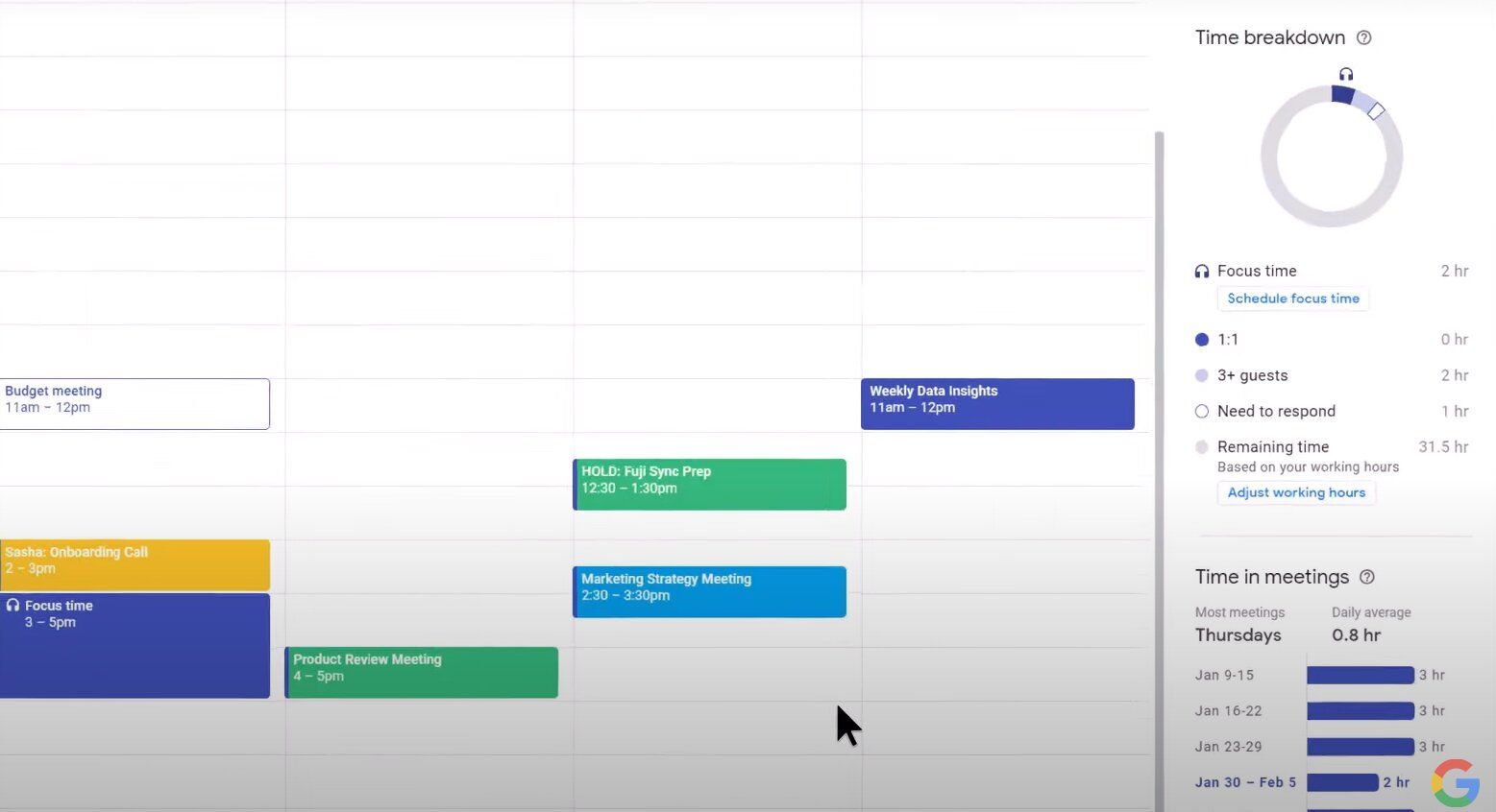 Google Calendar with Focus Time in View on PC