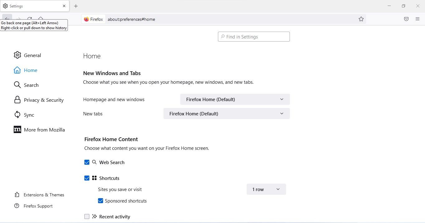 Проверка домашней страницы и новых окон в настройках Firefox на рабочем столе