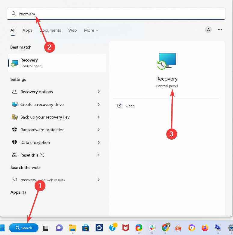 Поиск параметра восстановления Windows