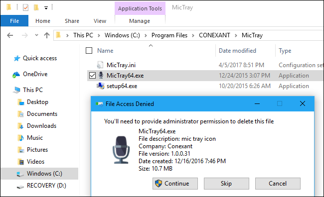 Проводник Windows, папка CONEXANT с MicTray64.exe