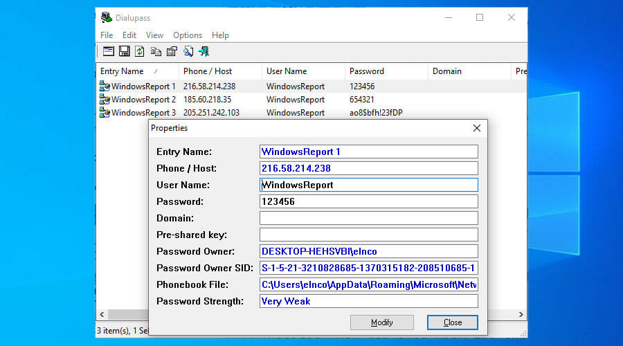 Окно программы Dialupass с перечнем VPN-подключений