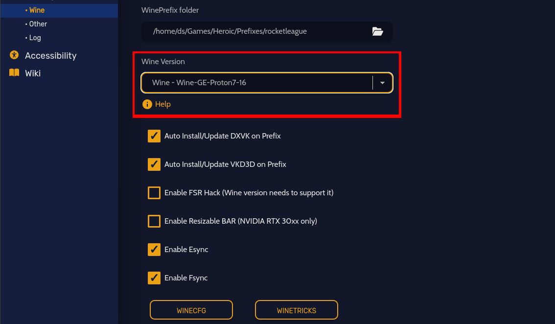 Выбор версии Wine в настройках Heroic