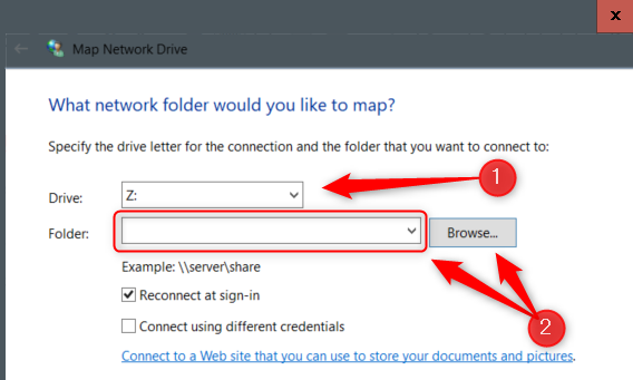 Выбор буквы диска и папки для подключения