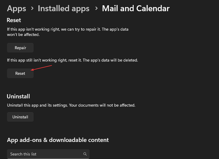 Кнопка Сброс в настройках приложения Почта и Календарь