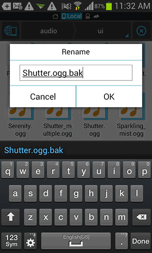 Umbenennung der Datei in 'Shutter.ogg.bak'.